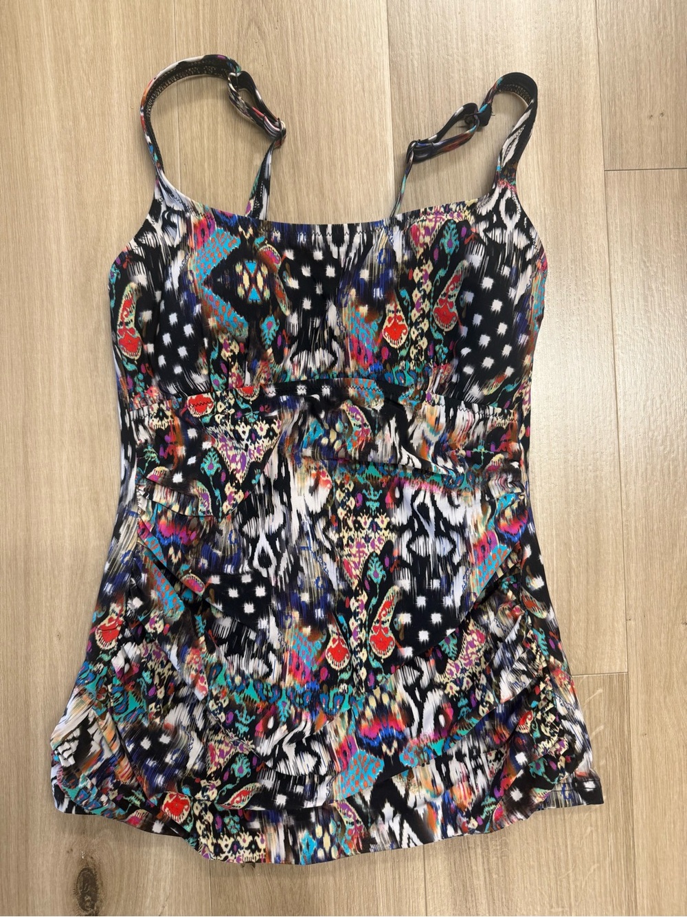 Swim Top-Profile By Gottex Black Multicolor Printed Tankini Top